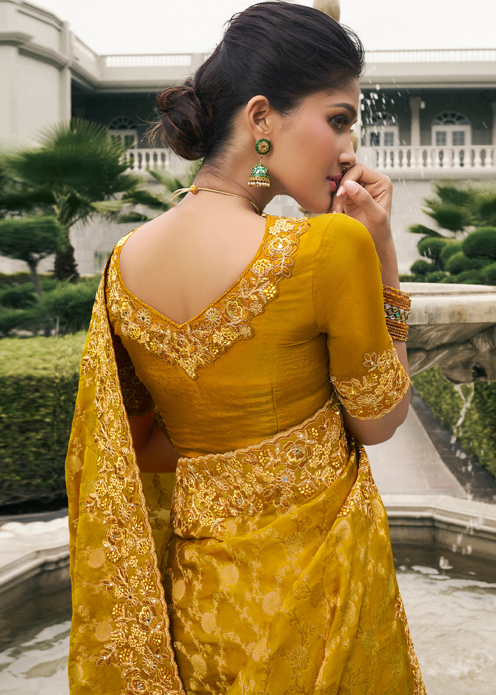 Mustard Yellow Tissue Silk Saree with Zari Weave, Embroidery, Stone & Pearl Detailing