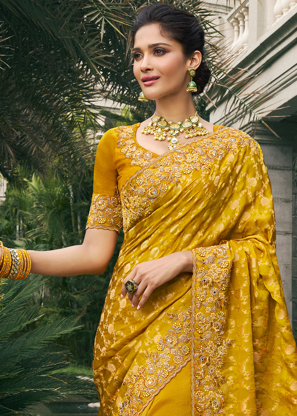 Mustard Yellow Tissue Silk Saree with Zari Weave, Embroidery, Stone & Pearl Detailing