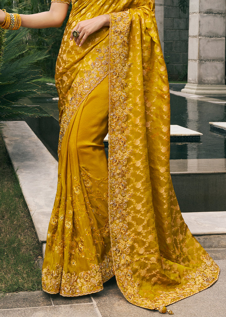 Mustard Yellow Tissue Silk Saree with Zari Weave, Embroidery, Stone & Pearl Detailing