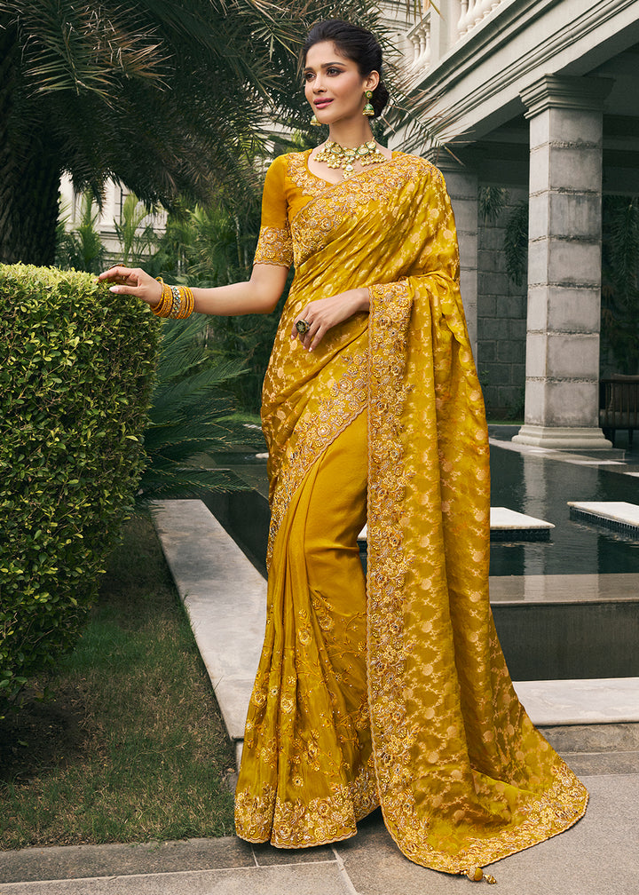 Mustard Yellow Tissue Silk Saree with Zari Weave, Embroidery, Stone & Pearl Detailing