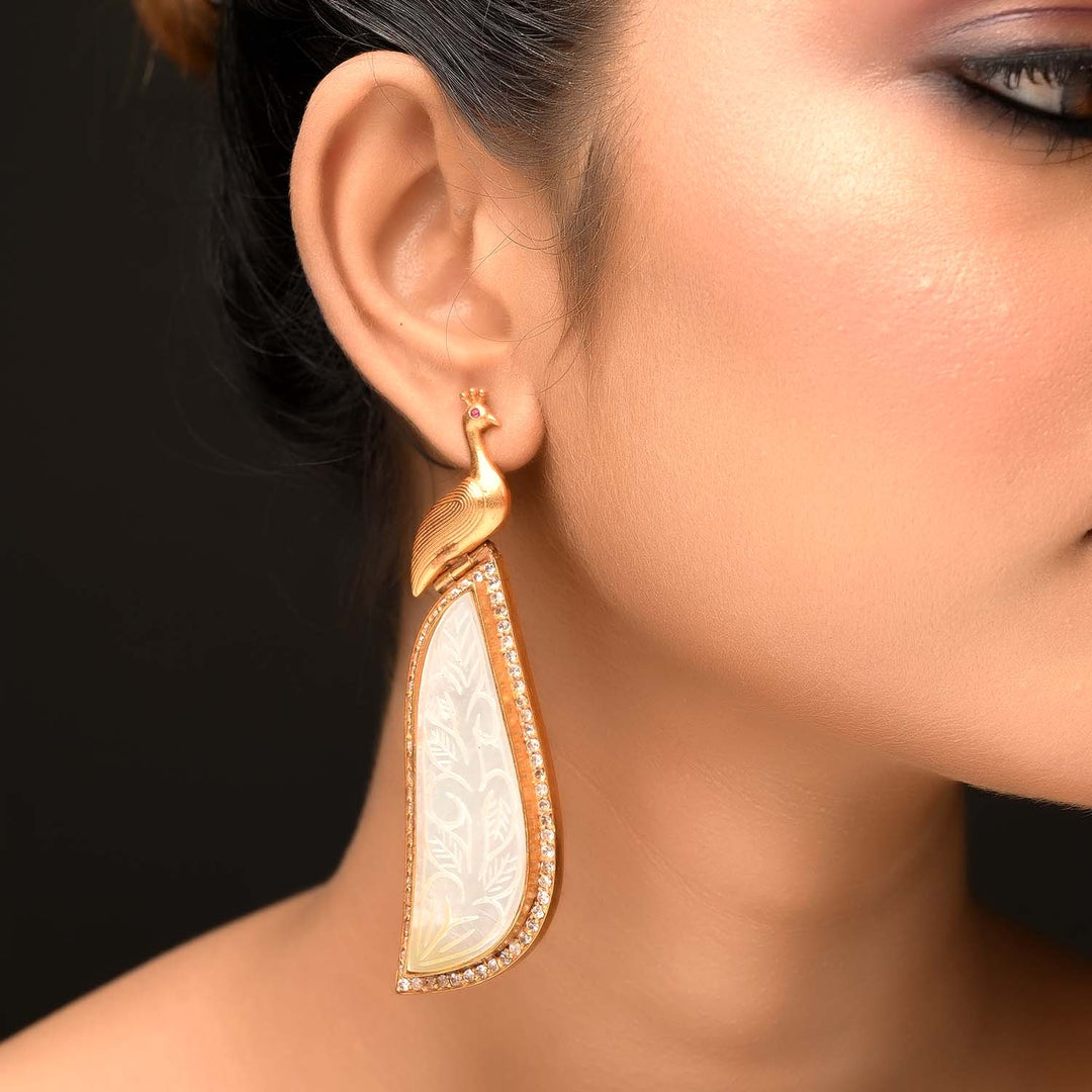 Aatmaja White Stone Peacock Gold Plated Boutique Earrings