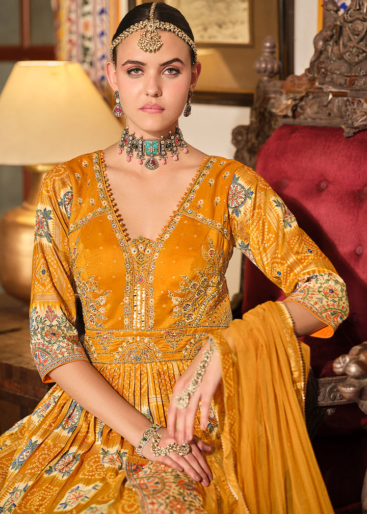 Mustard Yellow Silk Anarkali Gown Featuring Bandhani Prints and Embroidery