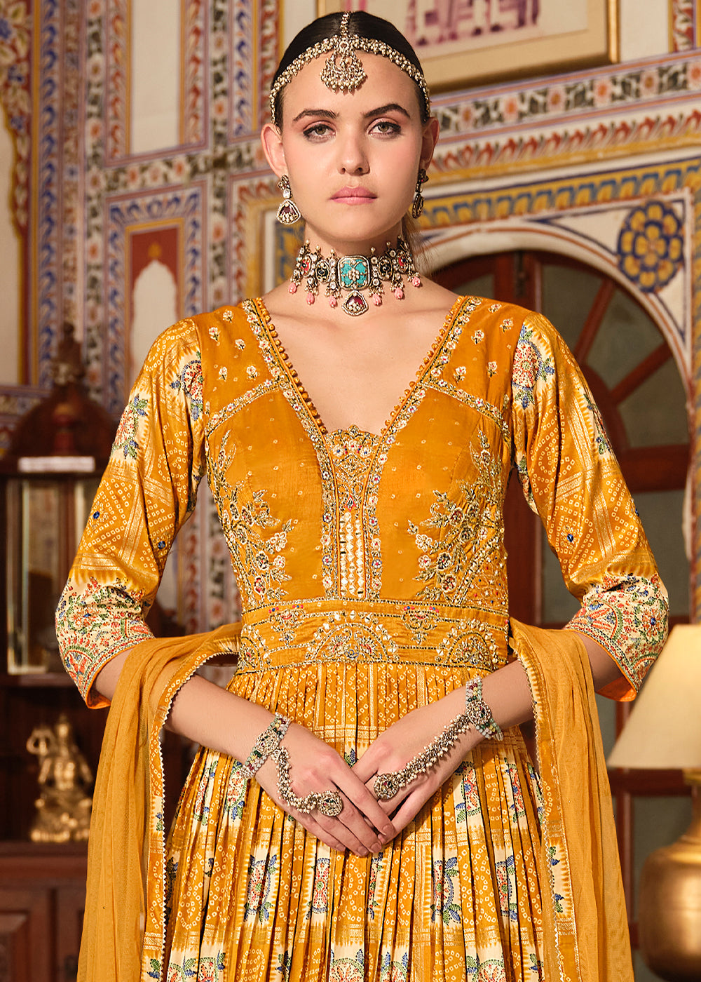 Mustard Yellow Silk Anarkali Gown Featuring Bandhani Prints and Embroidery