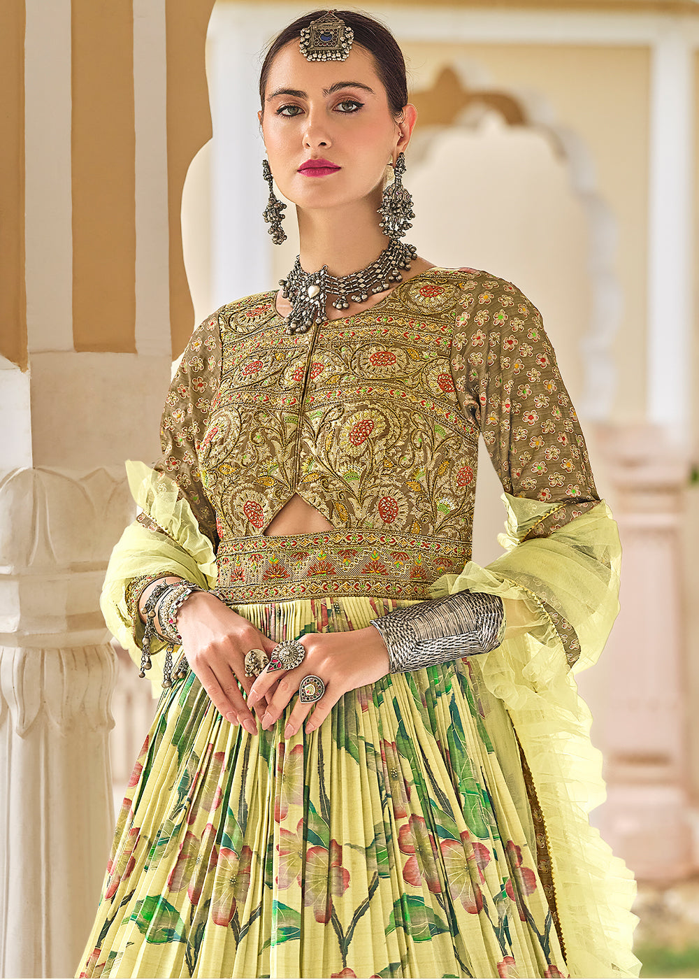 Blonde Yellow Printed Silk Anarkali Gown Adorned with Embroidery