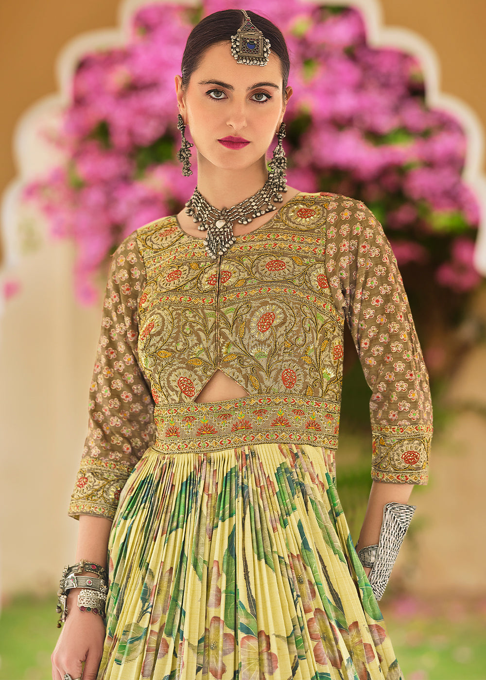 Blonde Yellow Printed Silk Anarkali Gown Adorned with Embroidery