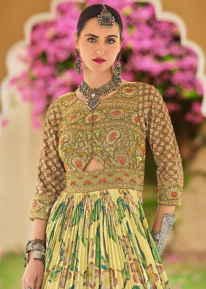 Blonde Yellow Printed Silk Anarkali Gown Adorned with Embroidery