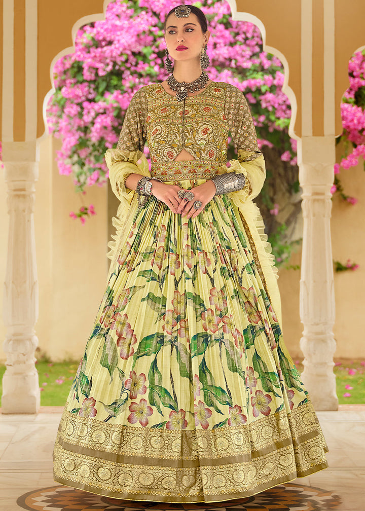 Blonde Yellow Printed Silk Anarkali Gown Adorned with Embroidery