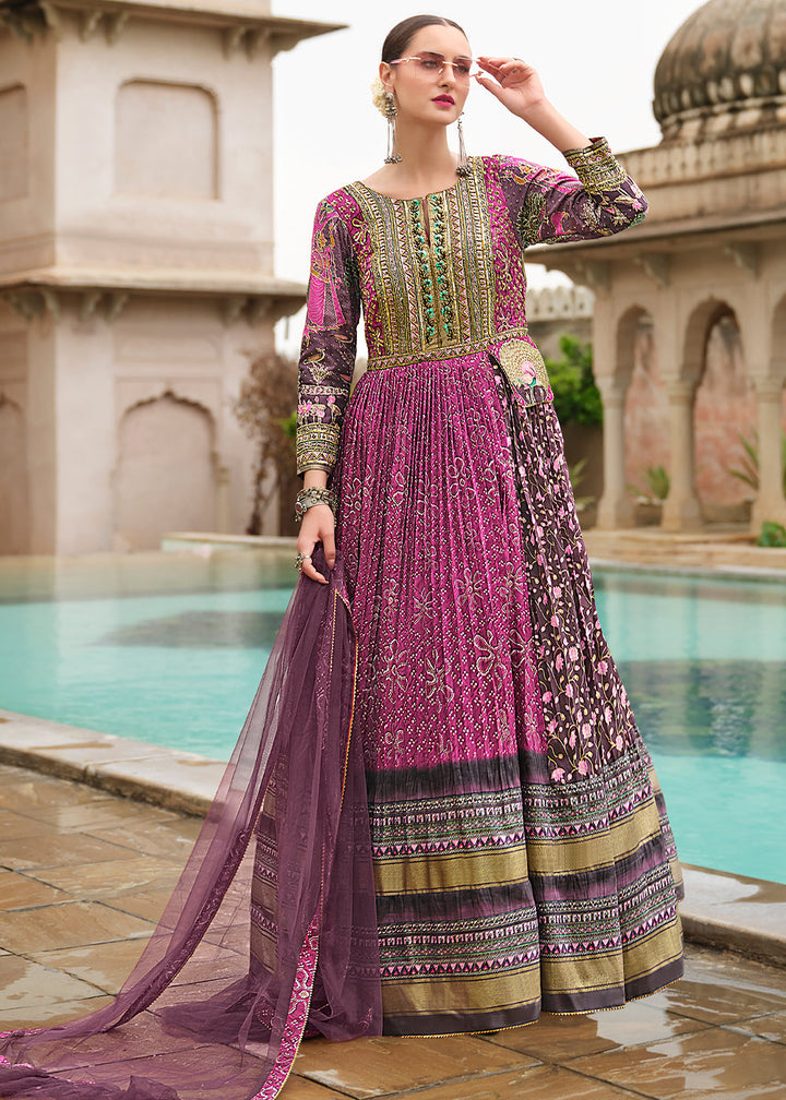 Pink & Purple Silk Anarkali Gown Featuring Prints and Embroidery