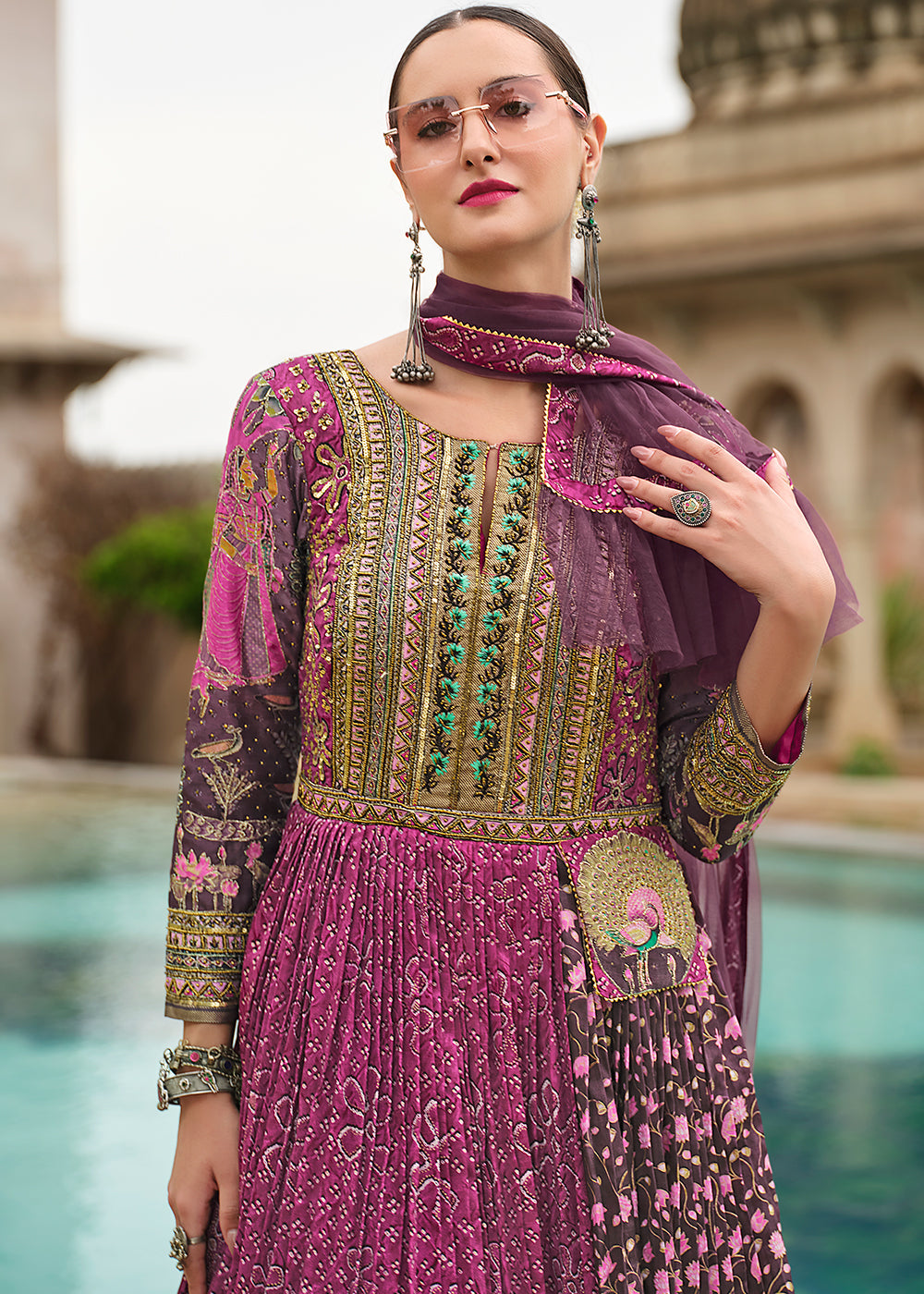 Pink & Purple Silk Anarkali Gown Featuring Prints and Embroidery