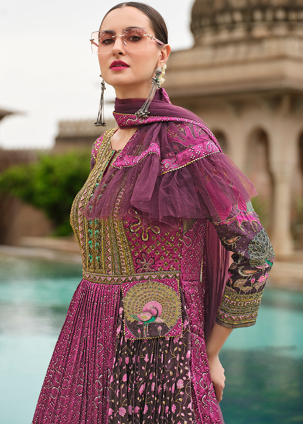 Pink & Purple Silk Anarkali Gown Featuring Prints and Embroidery