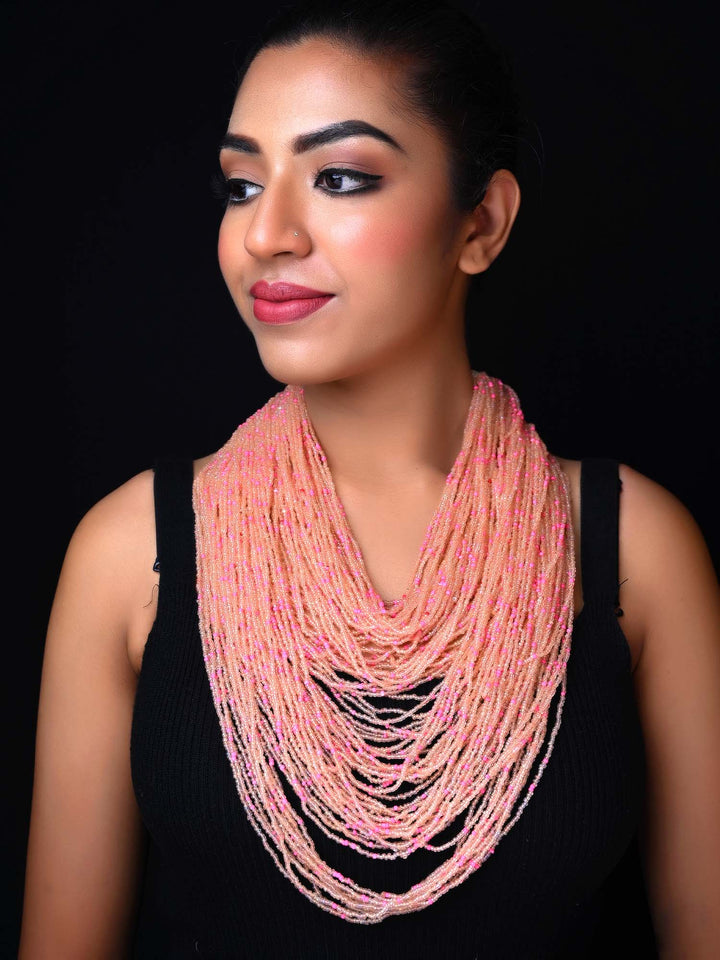 Raya Peach With Pink Beads Multi Layered Neck Piece