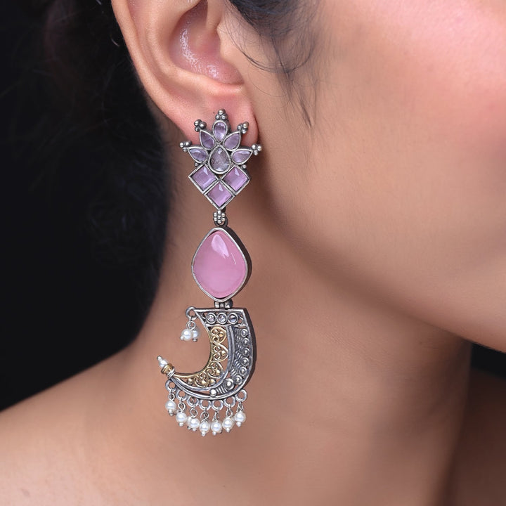 Harkhi Oxidised Silver Golden Pink Green Stoned Earrings