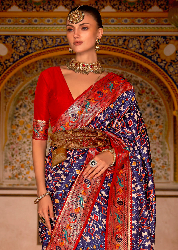 Navy Blue Smooth Silk Saree with Traditional Patola Design