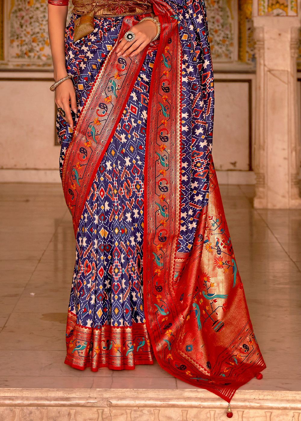 Navy Blue Smooth Silk Saree with Traditional Patola Design