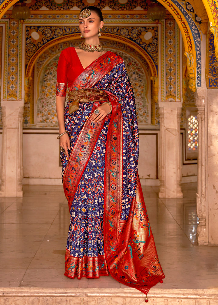 Navy Blue Smooth Silk Saree with Traditional Patola Design