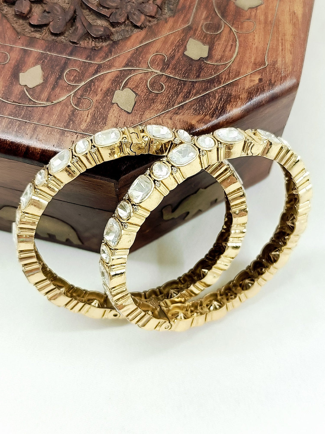 Idha White Kundan Bangles - Gold-Plated Brass
