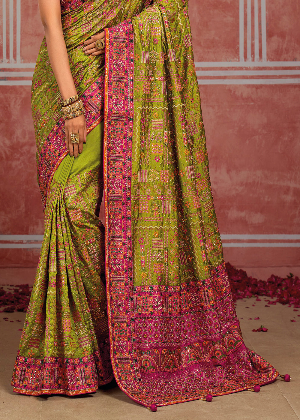 Sheen Green Banarasi Silk Saree with Exquisite Kachhi Hand Embroidery