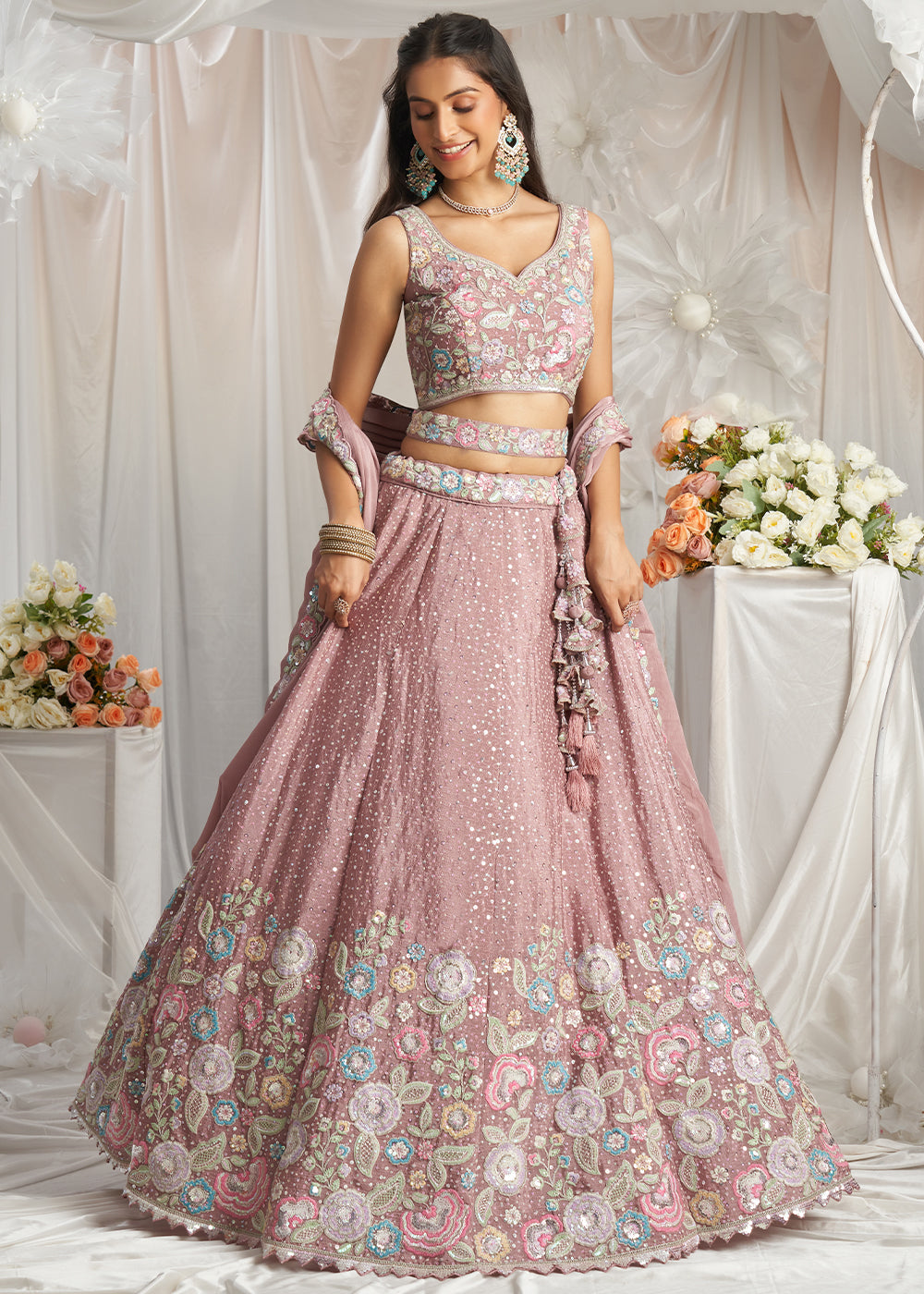 Rose Gold Pink Chiffon Lehenga Choli Adorned with Sequins & Thread Embroidery