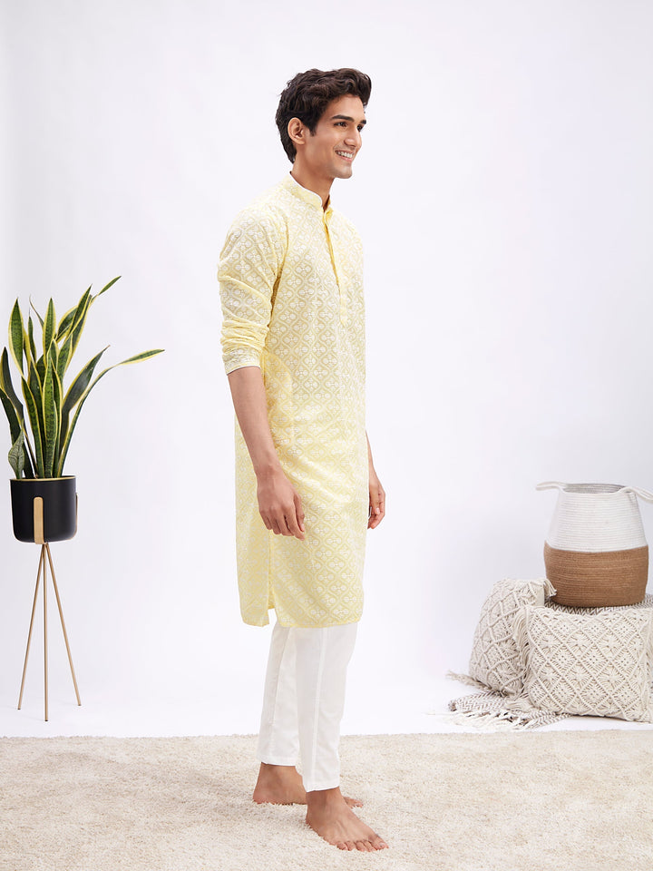 Sarvati Men's Yellow And White Cotton Kurta And Pyjama Set