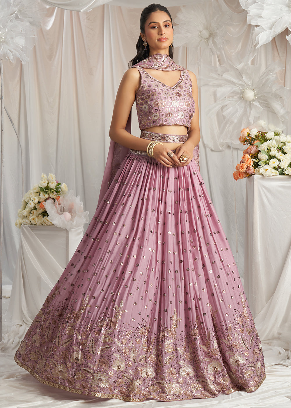 Lilac Purple Georgette Lehenga Choli Adorned with Sequins Work