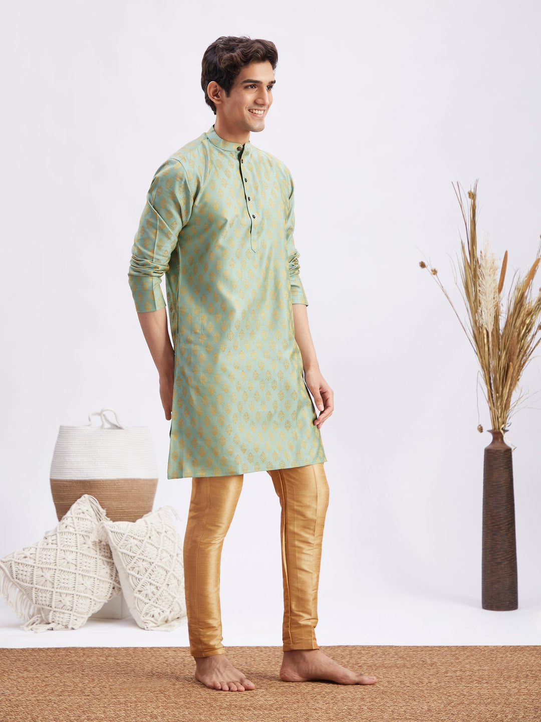 Sarvati Men's Mint Green and Rose Gold Woven Kurta Pant Set