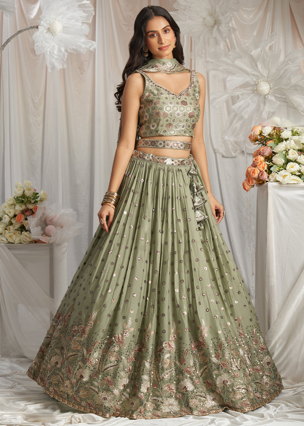 Clover Green Georgette Lehenga Choli Adorned with Sequins Work