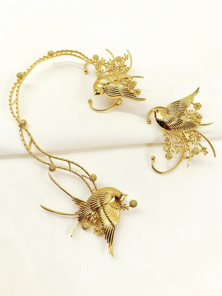 Noshin Golden Women’s Bird &amp; Floral Branch Earcuffs