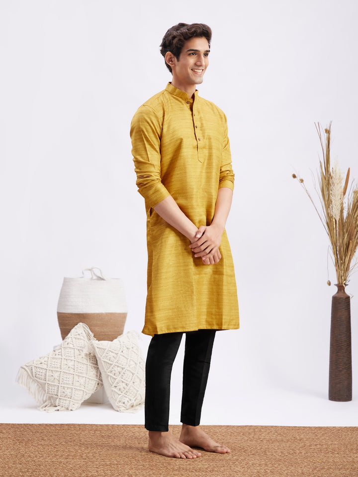 Sarvati Men's yellow Matka Silk Kurta and Black Pant Style Pyjama Set