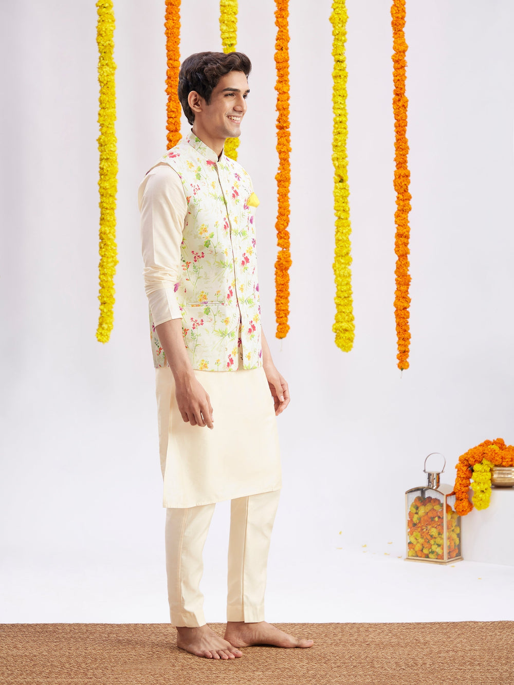 Sarvati Cream Printed Nehru Jacket And Cream Solid Kurta With Pyjama Set