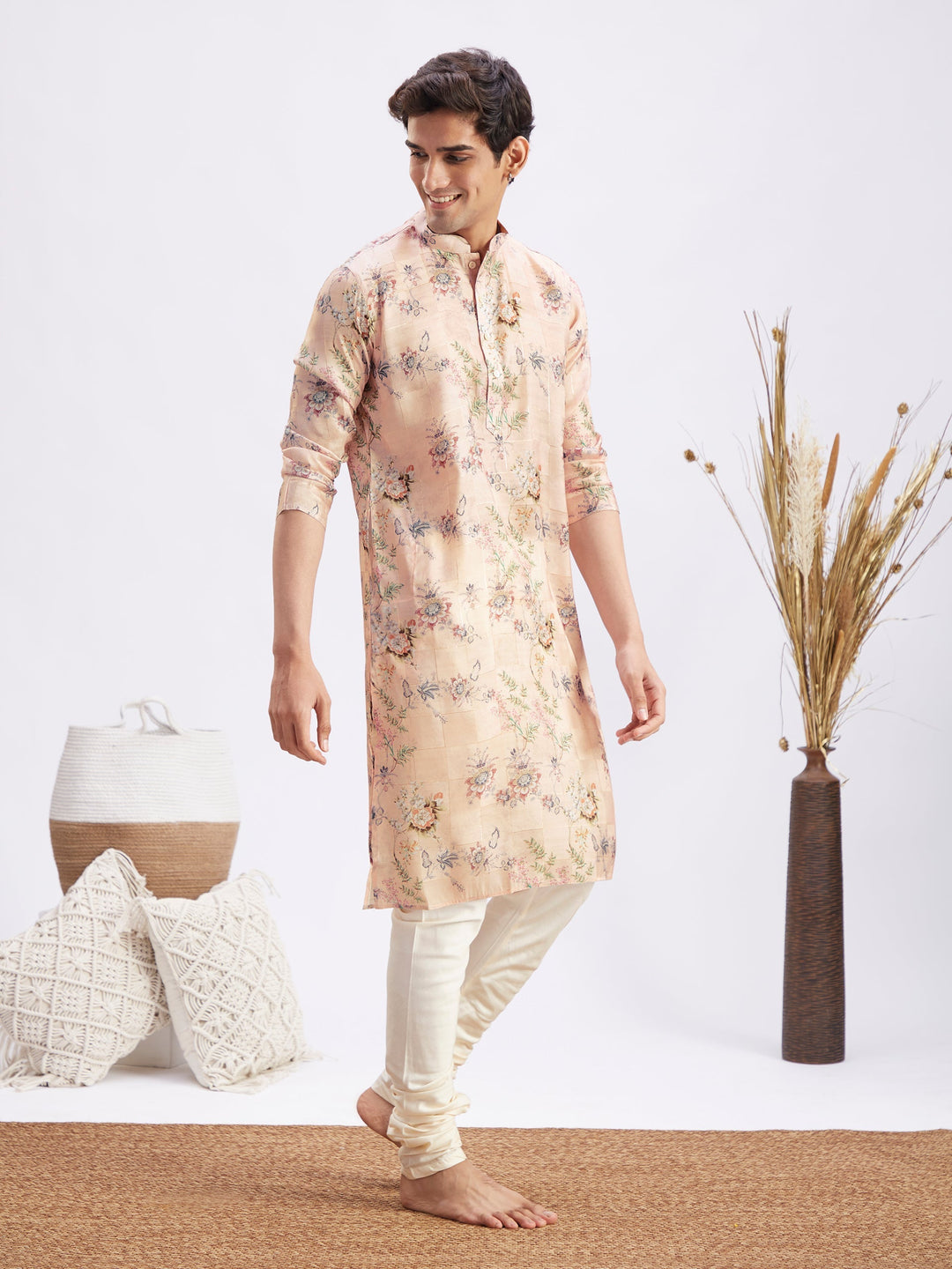 Sarvati Men's Pink Floral Printed Silk Blend Kurta Pyjama Set