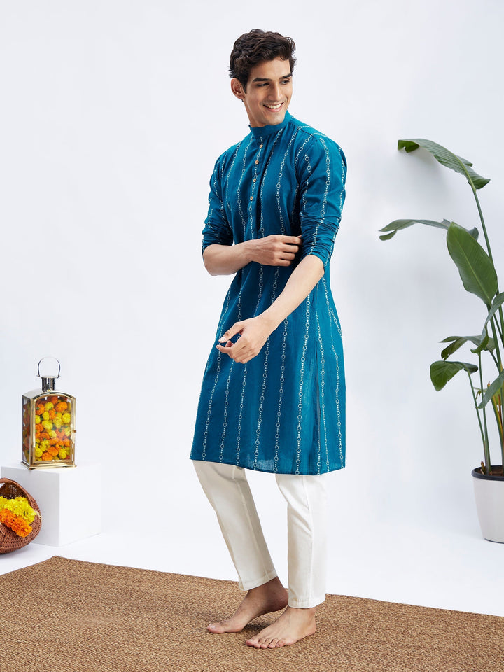 Sarvati Men's Blue denim Jacquard Kurta With White Pant Set