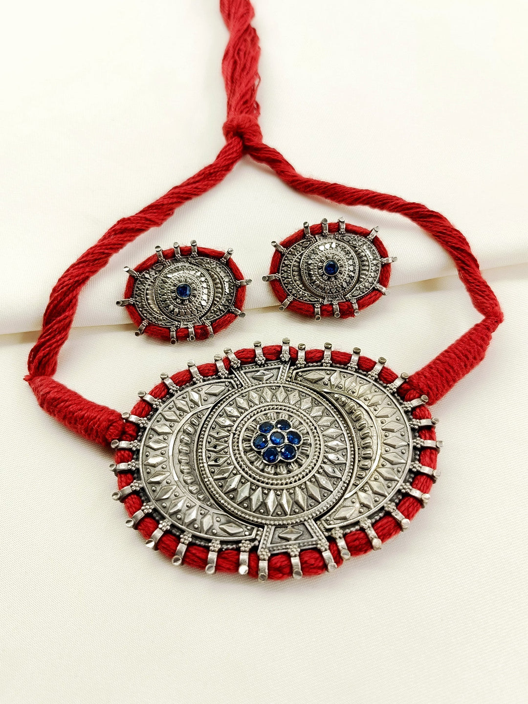 Laila Blue Oxidized Choker Set - Silver Necklace