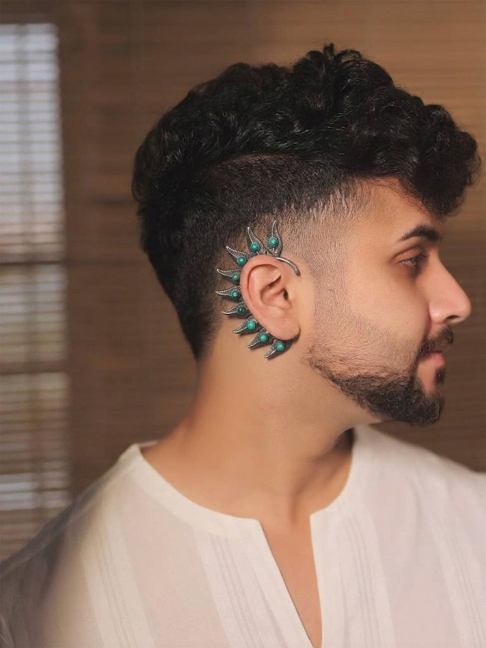 Shivendra Firozi Men’s Oxidized Feather Earcuff - Turquoise