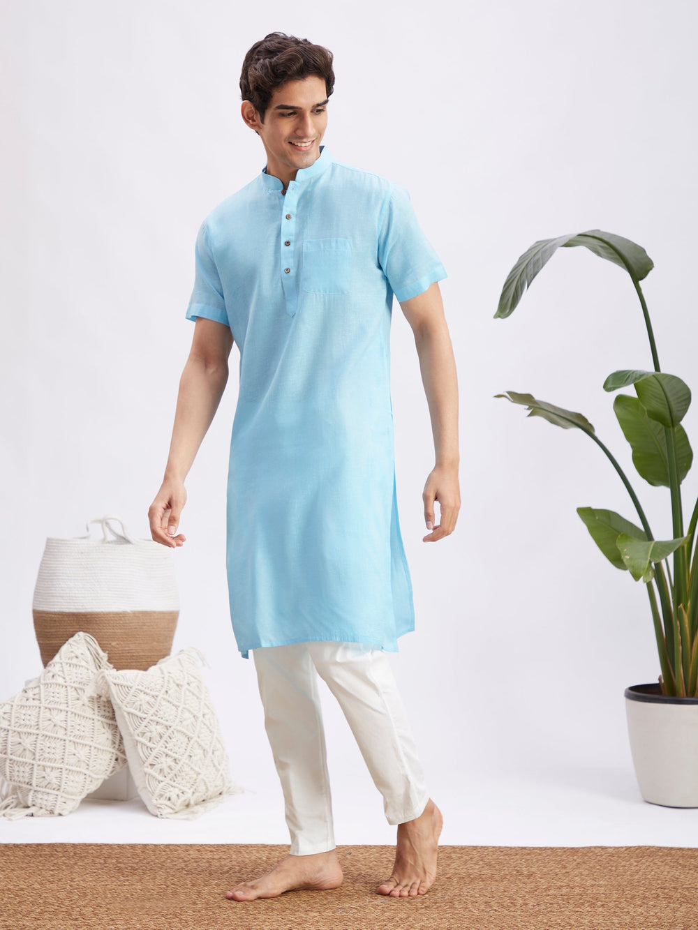 Sarvati Men's Aqua Blue Solid Kurta with White Pant Style Pyjama Set