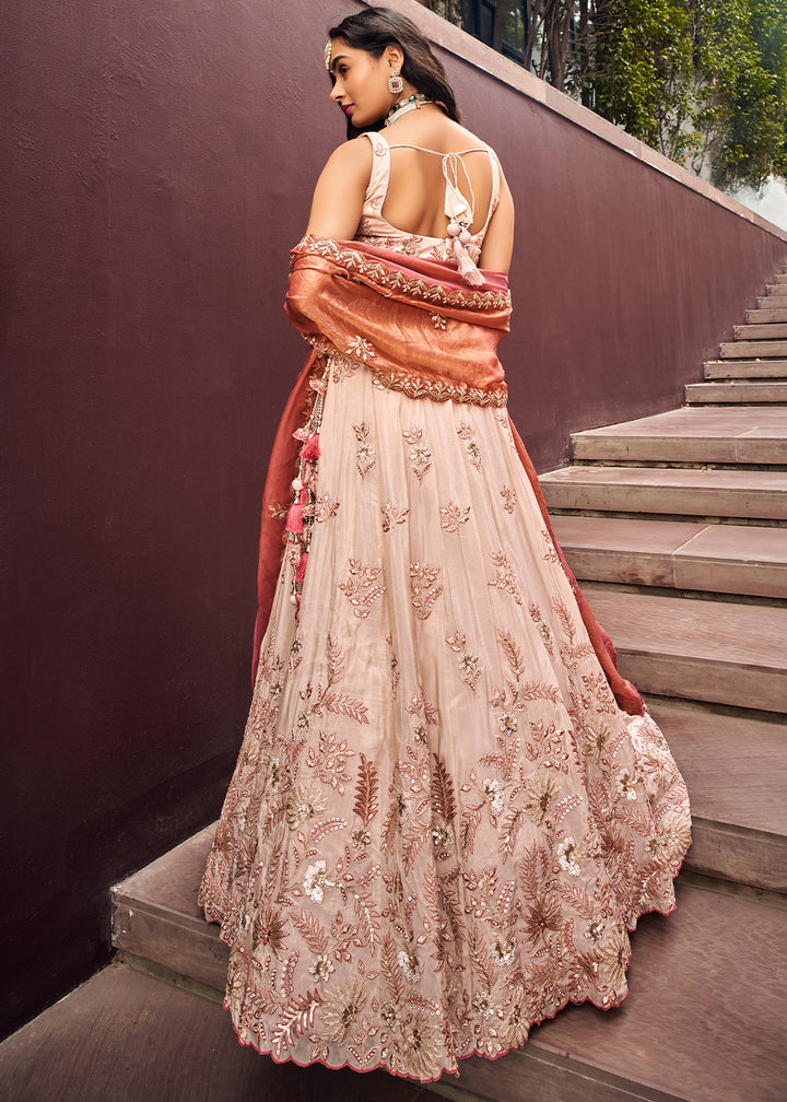 Rose Gold Pink Viscose Rayon Lehenga Choli Adorned with Sequins Embroidery Work