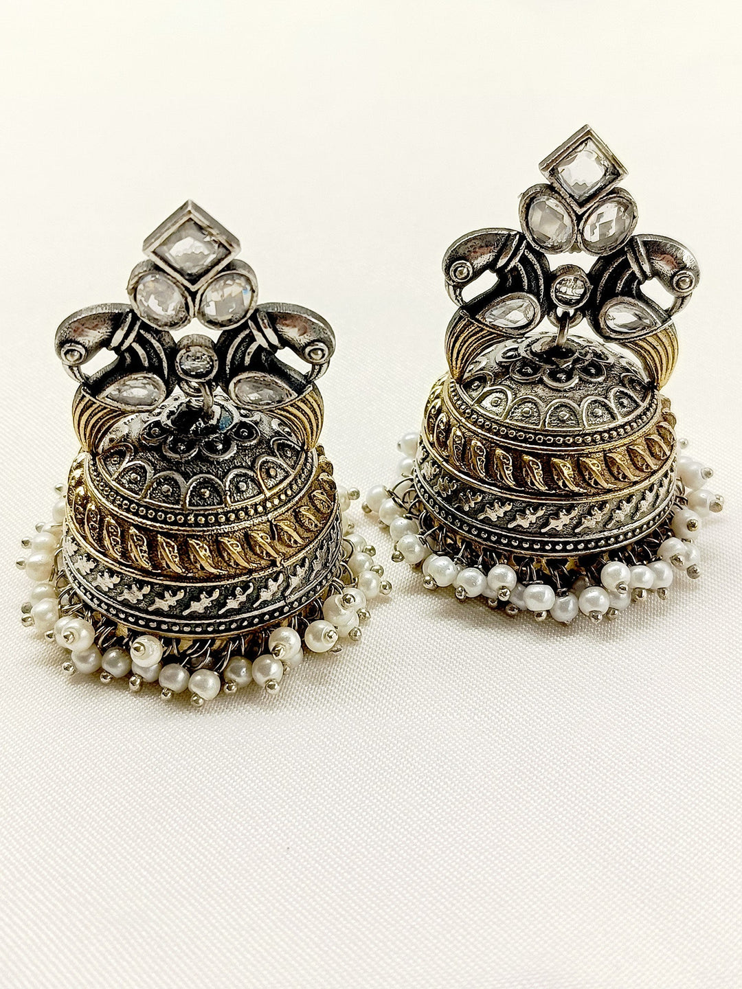 Ahaan White Peacock Oxidized Jhumki