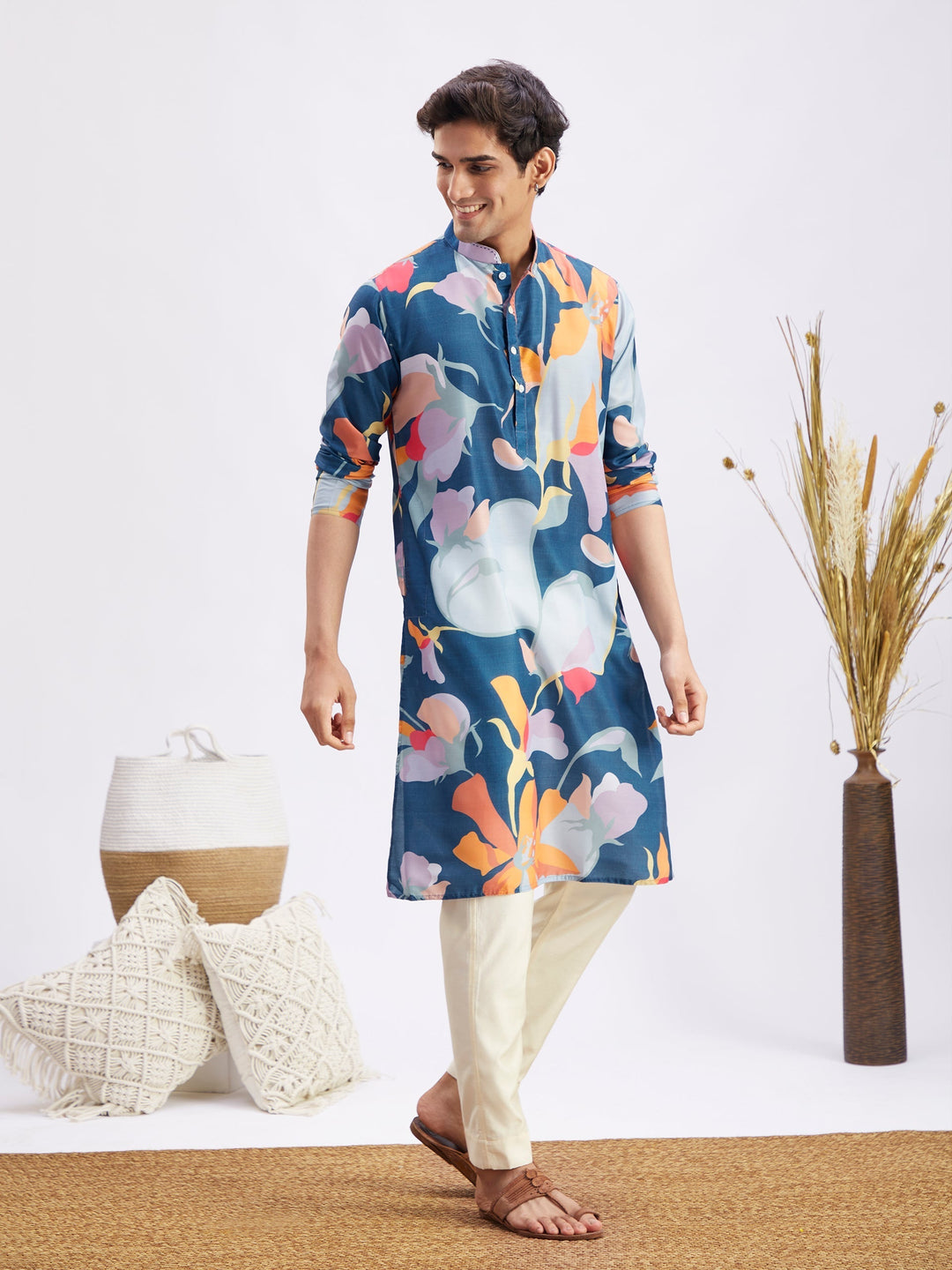 Sarvati Men's Multicolor Base Blue cotton Printed Kurta Pant Set