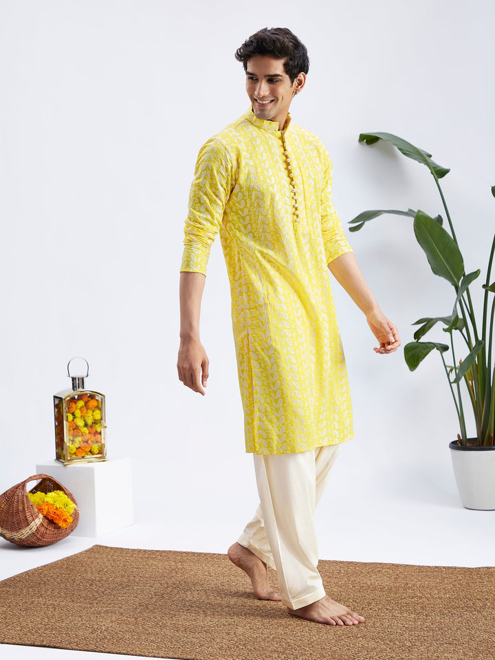 Sarvati Men's Mustard Pure Cotton Chikankari Kurta With Patiala set