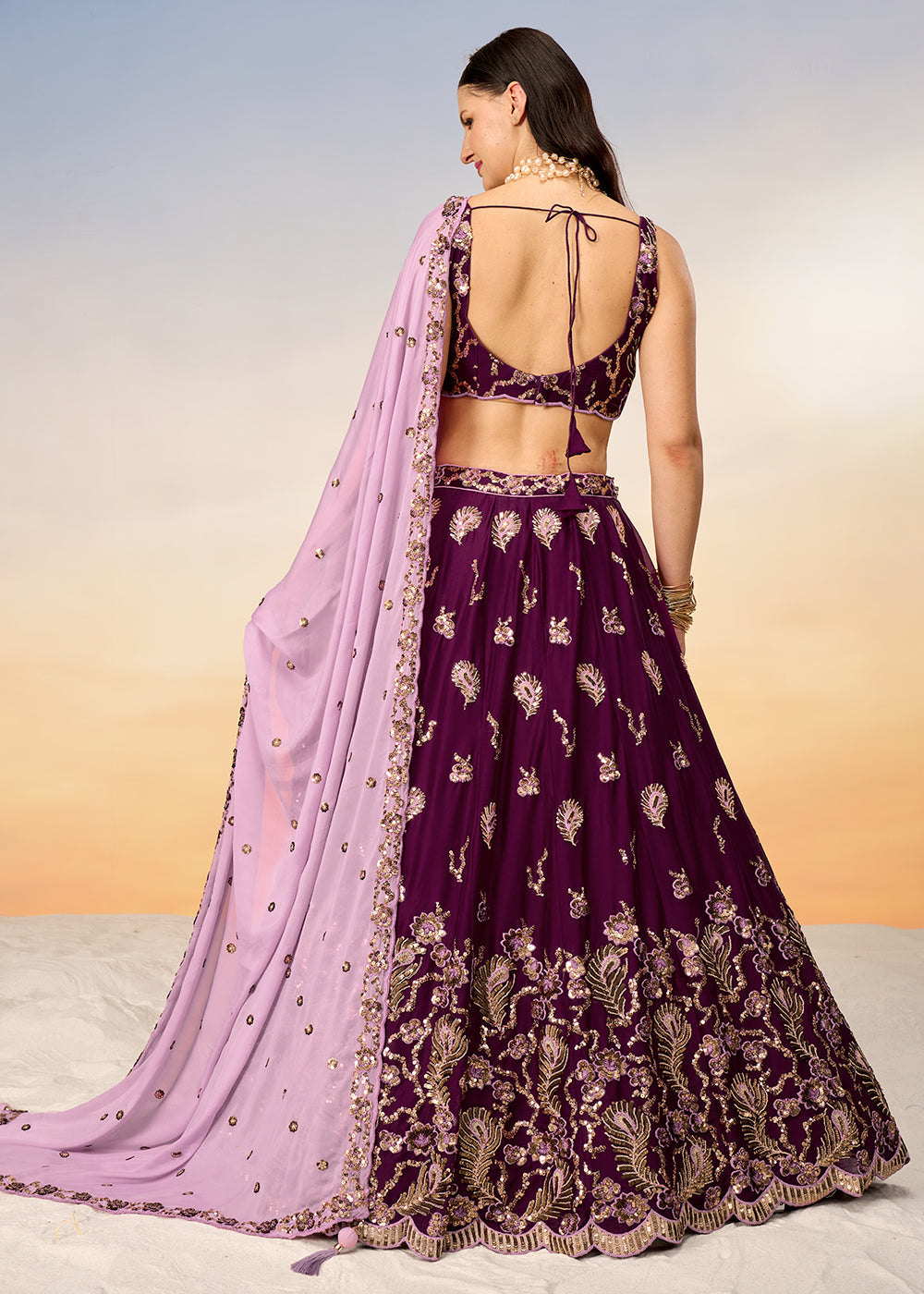 Eggplant Purple Georgette Lehenga Choli Adorned with Sequins Embroidery