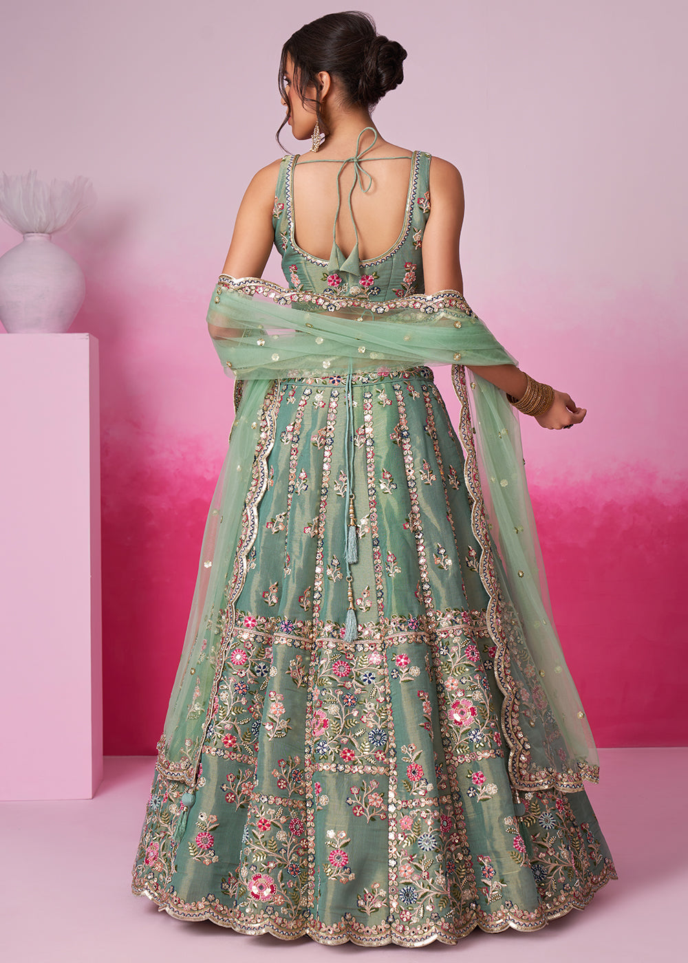 Pistachio Green Net Lehenga Choli Adorned with Moti & Sequins Embroidery Work