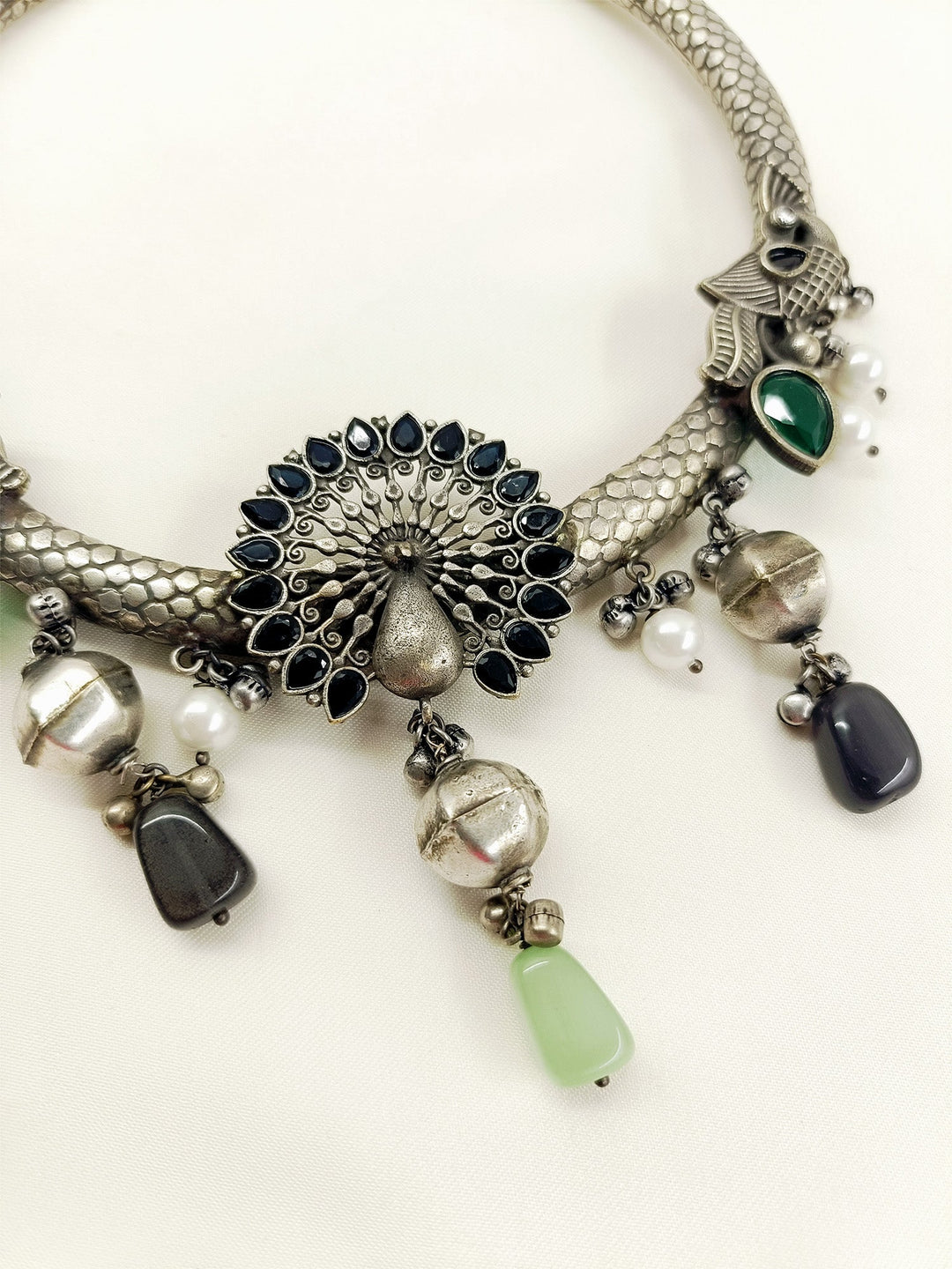 Jaanki Black Peacock Oxidized Hasli Style Necklace Set