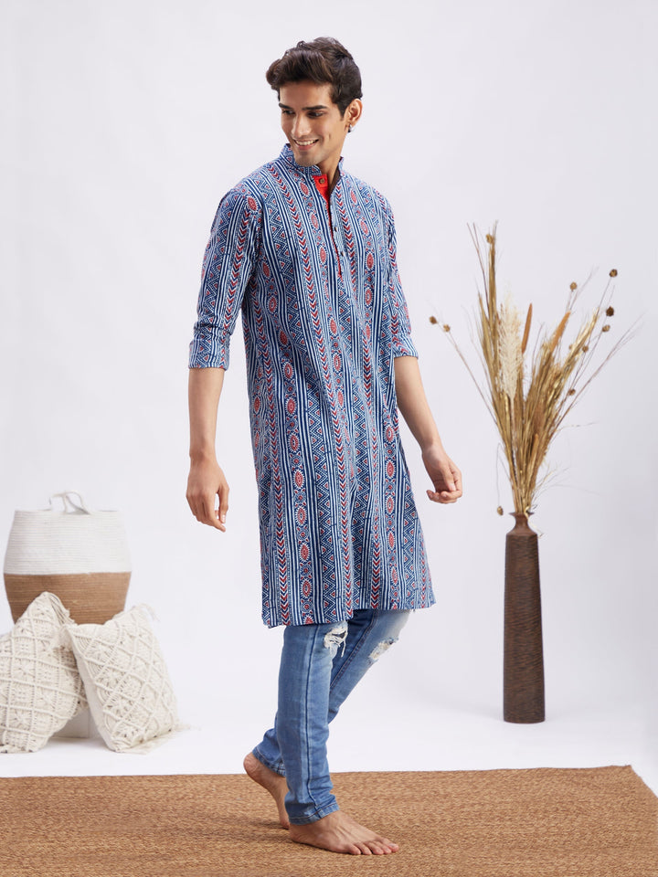 Sarvati Men's Indigo Printed cotton Kurta with White Pant set