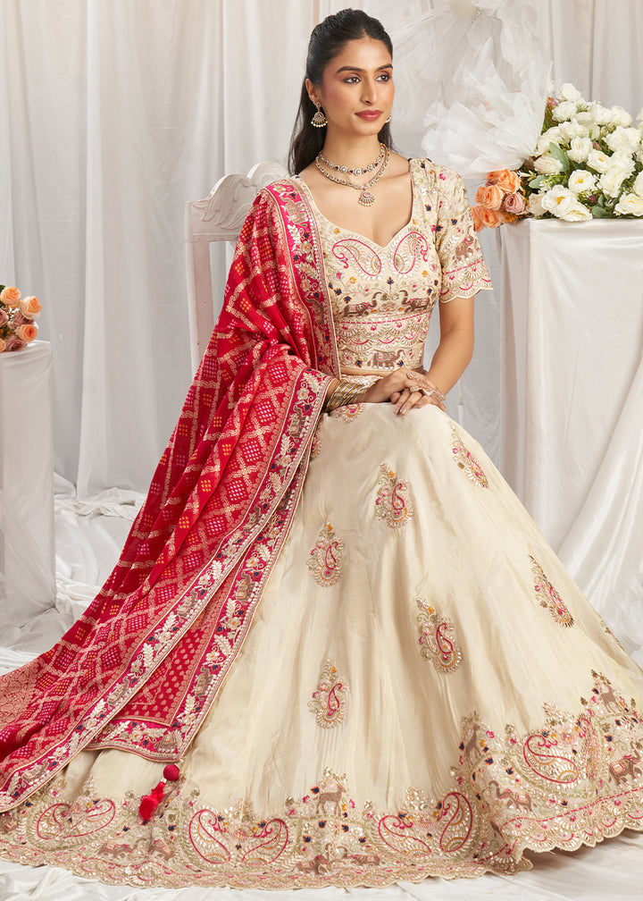 Cream White & Pink Tissue Lehenga Choli Intricate with Gotapatti Embroidery Work