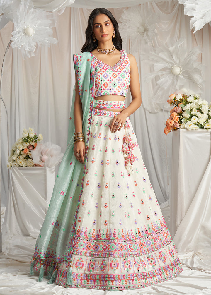 Cream White Organza Lehenga Choli Adorned with Sequins & Mirror Embroidery