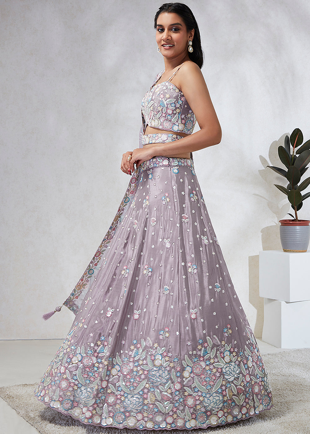 Veronica Purple Silk Chiffon Lehenga Choli Adorned with Sequins & Thread Embroidery