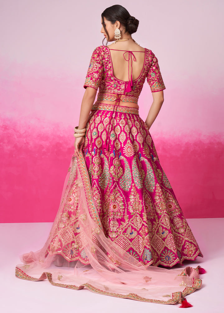 Hot Pink Silk Lehenga Choli Adorned with Moti & Sequins Embroidery Work: Bridal Collection