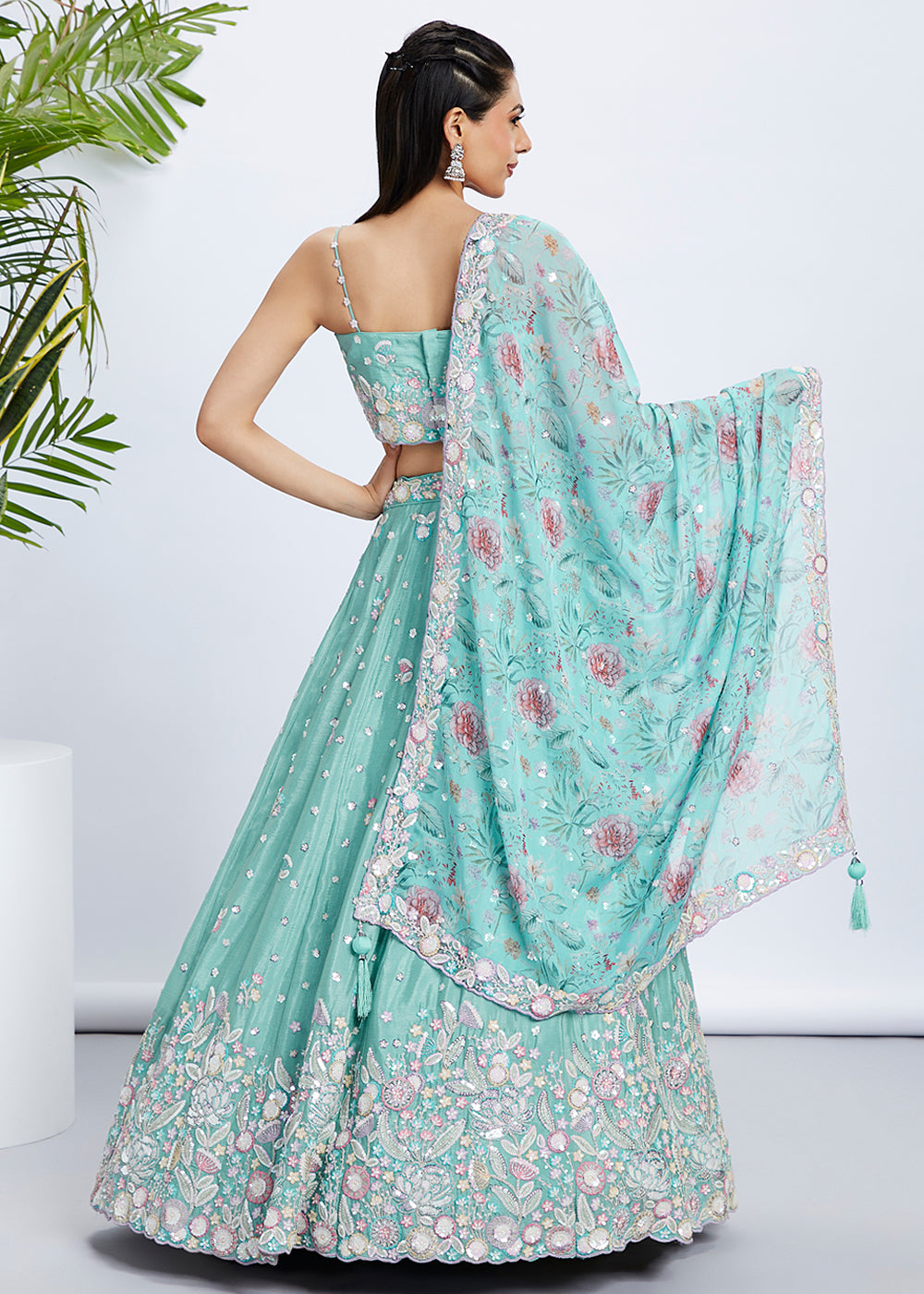 Light Sea Green Silk Chiffon Lehenga Choli Adorned with Sequins & Thread Embroidery