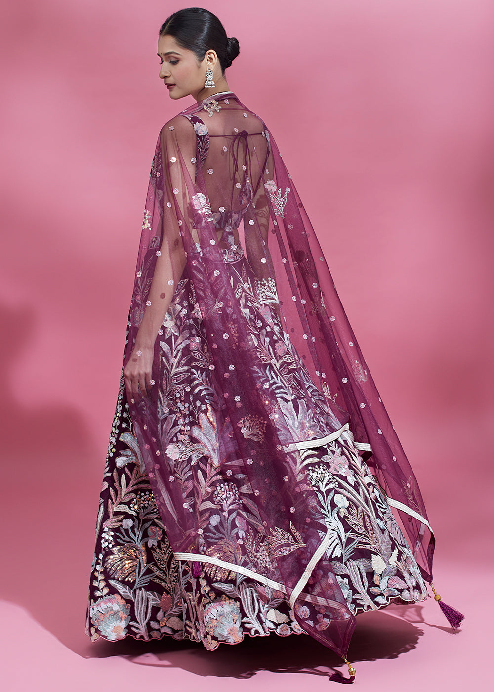 Byzantine Purple Net Lehenga Choli Adorned with Thread Embroidery and Sequins