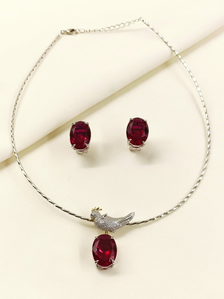 Khursheed Ruby American Diamond Pendant Set With Hasli