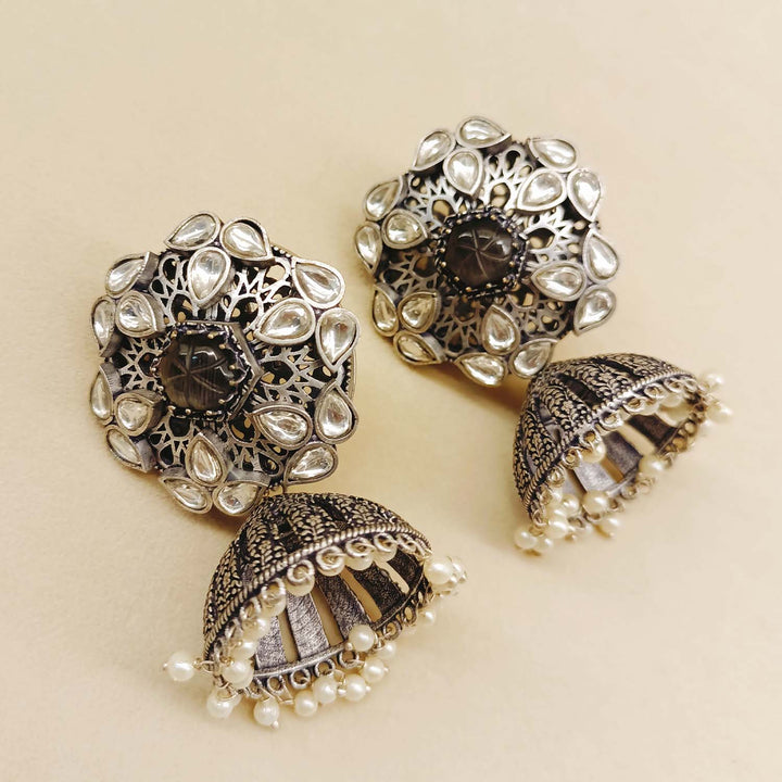 Meenal Charcoal Stone Silver Plated Boutique Jhumki